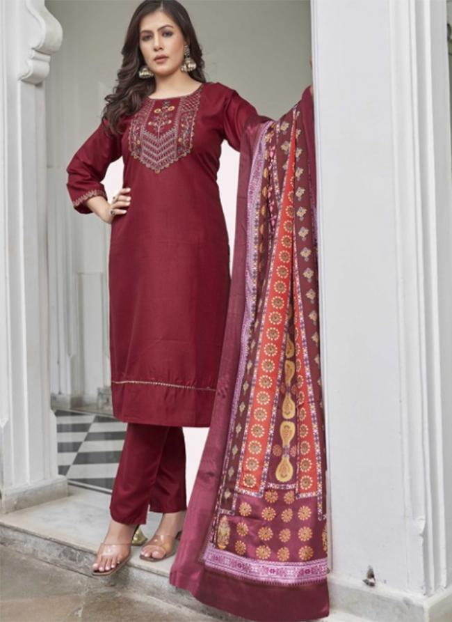 Cotton Maroon Traditional Wear Printed Readymade Kurti Set